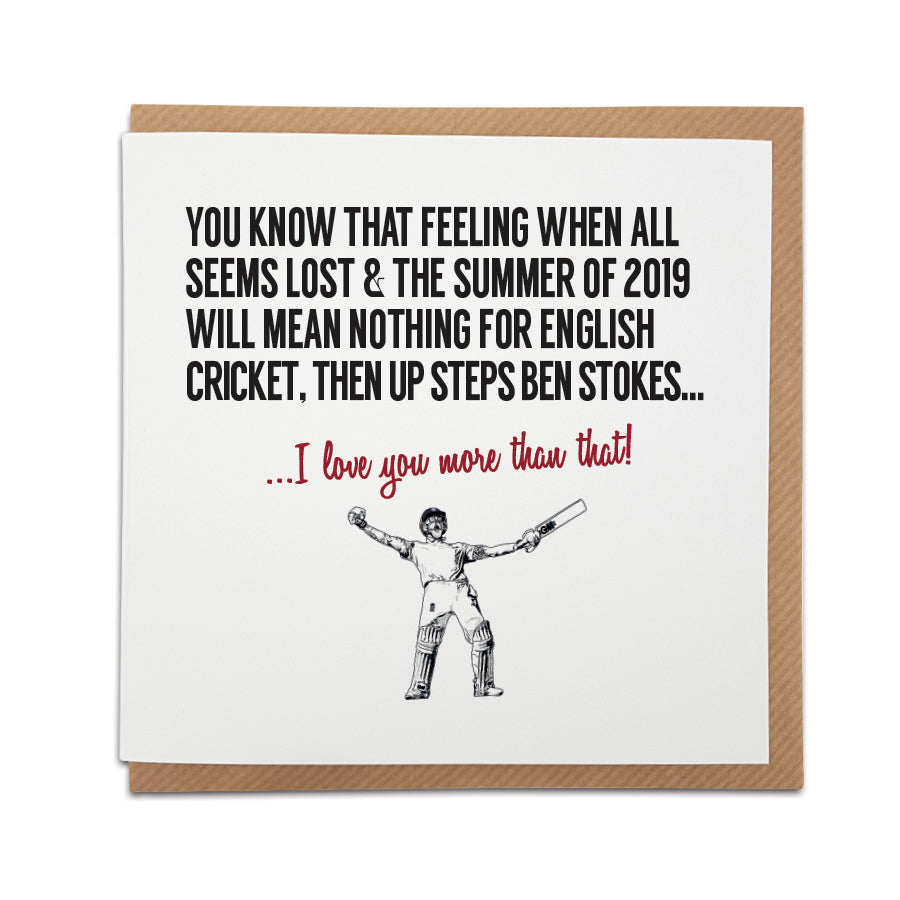 High-quality, handmade England Cricket Greetings Card by Local Lingo featuring text about the iconic summer of 2019 in English cricket, and Ben Stokes' heroics.