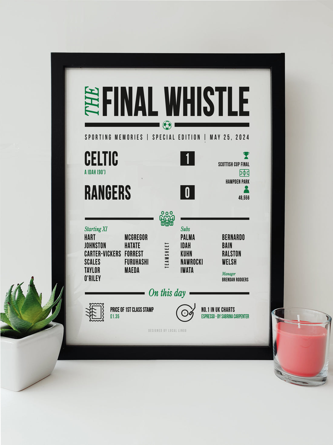 Celtic vs Rangers Scottish Cup Final 2024 The Final Whistle Keepsake Print by Local Lingo, featuring detailed match information in black and green text on a white background in a black frame.