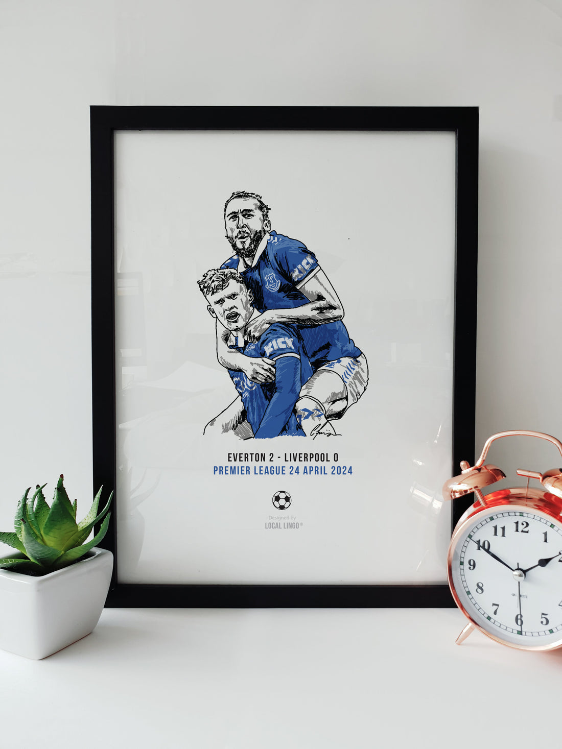 Everton's Derby Win Art Print, featuring Branthwaite and Calvert-Lewin celebrating a goal against Liverpool, available in A4 and A3 sizes, designed by Local Lingo.