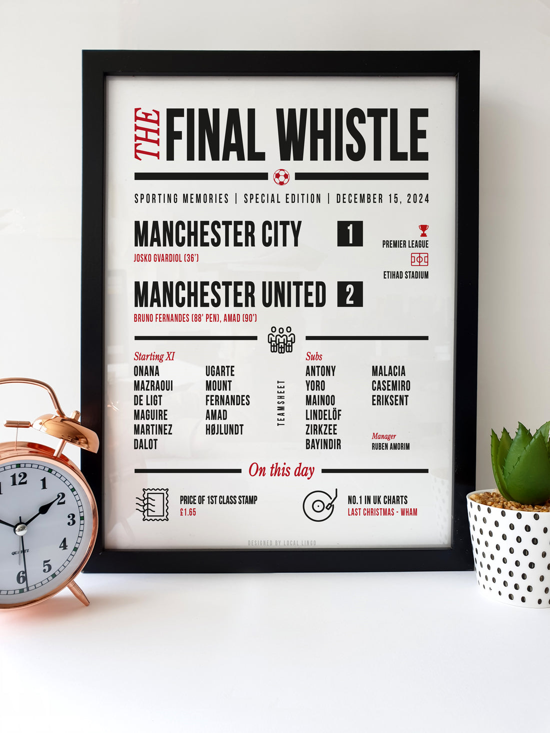 Manchester City vs Manchester United 2024 The Final Whistle Match Report Print by Local Lingo, featuring detailed match information in black and red text on a white background in a black frame.