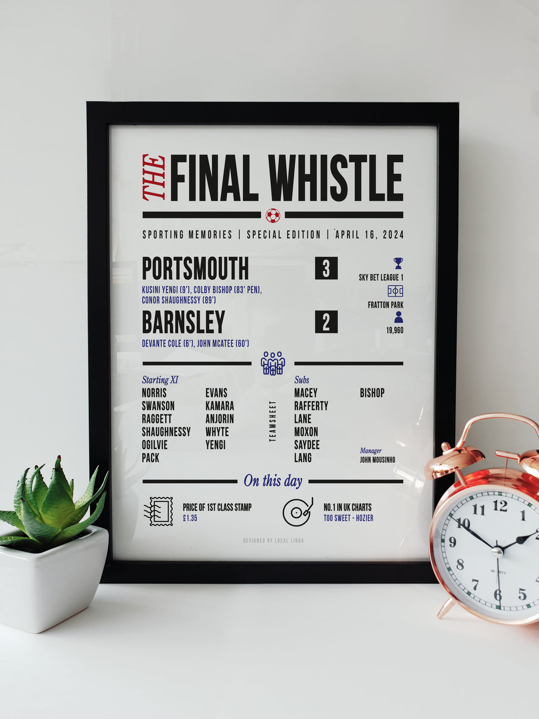 Framed Portsmouth FC vs Barnsley matchday print, featuring detailed match information, displayed on a white desk with a plant and a copper alarm clock. designed by local lingo