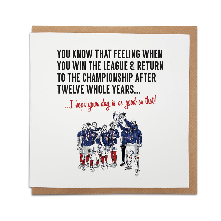 Portsmouth FC promotion card featuring an illustration of the team celebrating their Championship return with the text "I hope your day is as good as that!" displayed on a white background with a kraft envelope. designed by local lingo