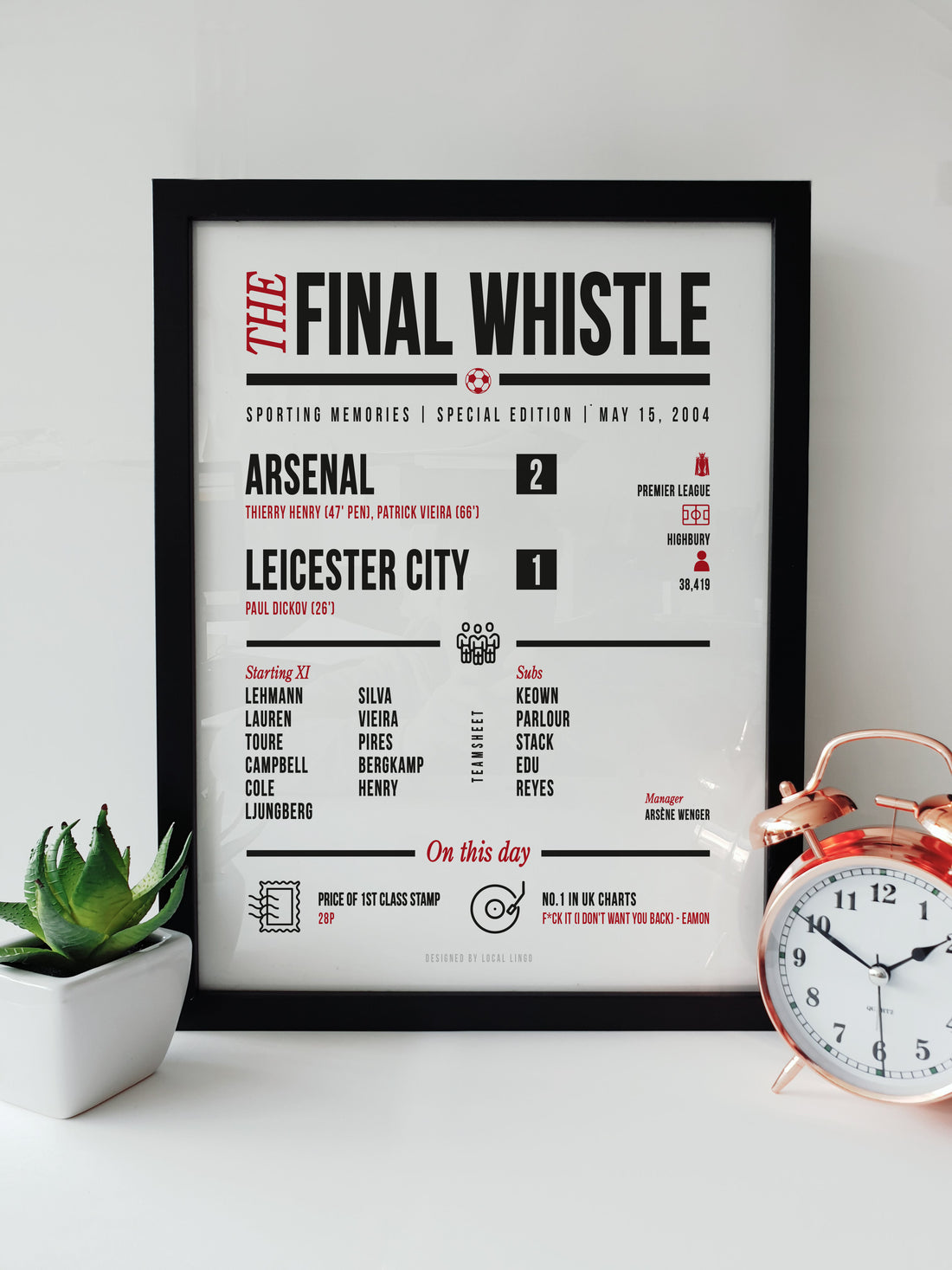 Exclusive print from The Final Whistle collection, commemorating Arsenal's unbeaten 2003-2004 season finale, complete with cultural icons of the day.