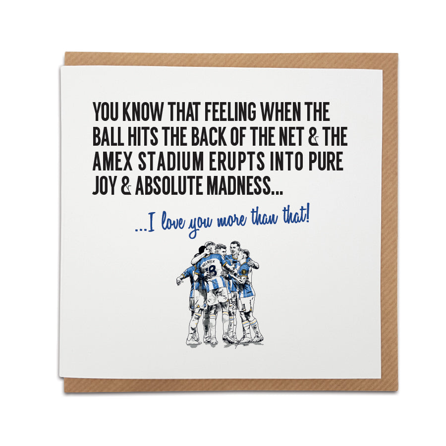 Front view of the Brighton & Hove Albion Fan Football Card by Local Lingo, featuring the iconic moment of celebration at the Amex stadium
