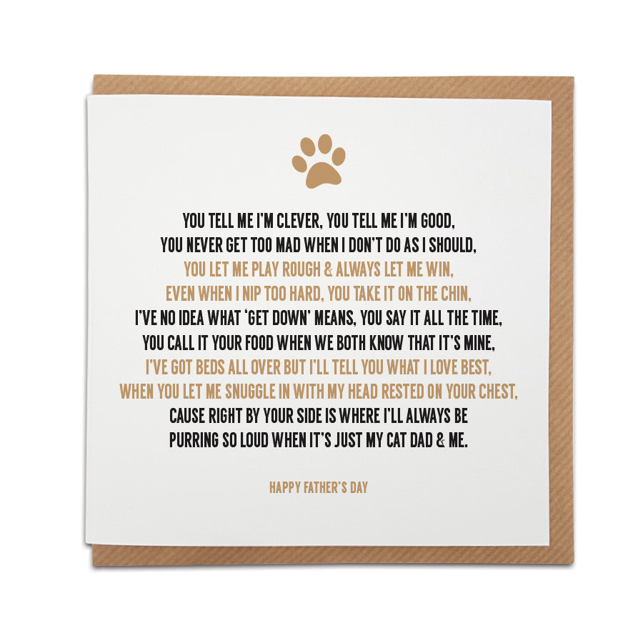 Father's Day greeting card by Local Lingo featuring a touching poem for cat dads, designed with a paw print illustration and printed on high-quality card stock.