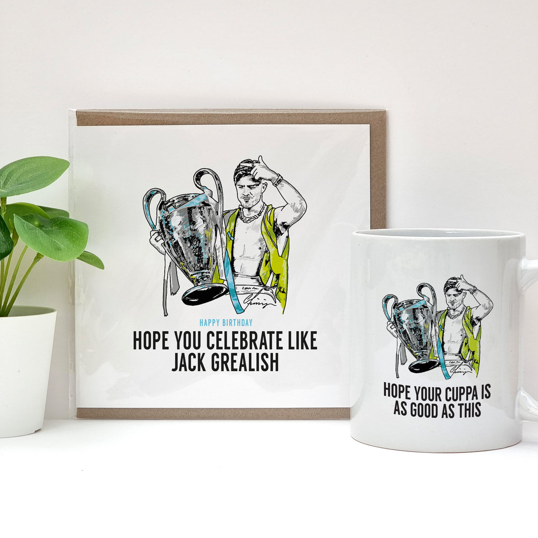 celebrate like jack grealish. manchester City football club themed Card & mug with an illustration of Grealish wearing a hi viz jacket celebrating the treble and champions league victory, designed by local lingo 