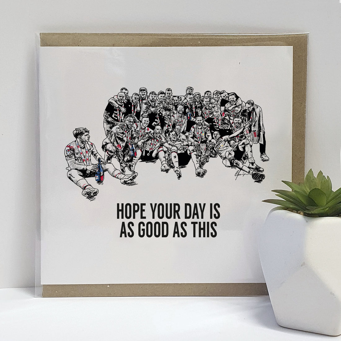Illustration of Derby County football team celebrating promotion to the Championship. The card features detailed drawings of players in celebratory poses with a caption that reads 'Hope your day is as good as this'. Ideal for Derby County fans to celebrate their team’s victory.