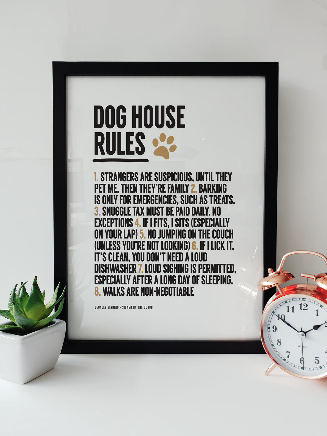 Unframed Dog House Rules print in A4 or A3 by Local Lingo, humorous rules for dog lovers, white background with black text and tan paw print