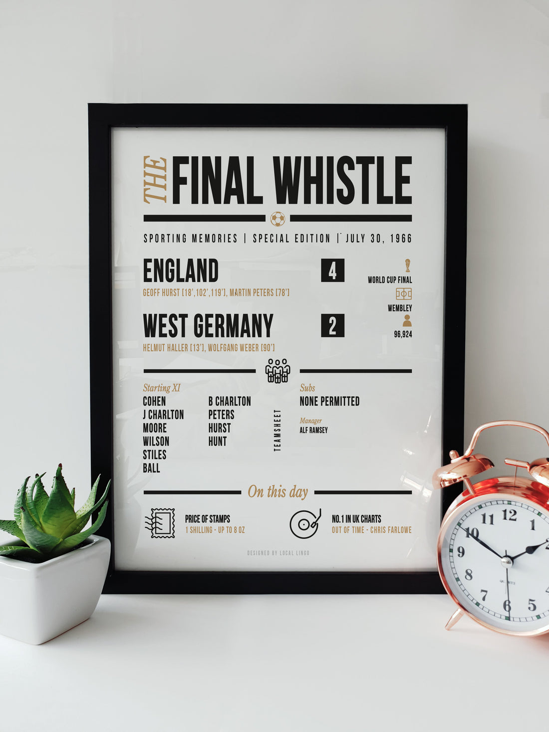 England vs West Germany 1966 World Cup Final commemorative print with match details, part of The Final Whistle collection by Local Lingo