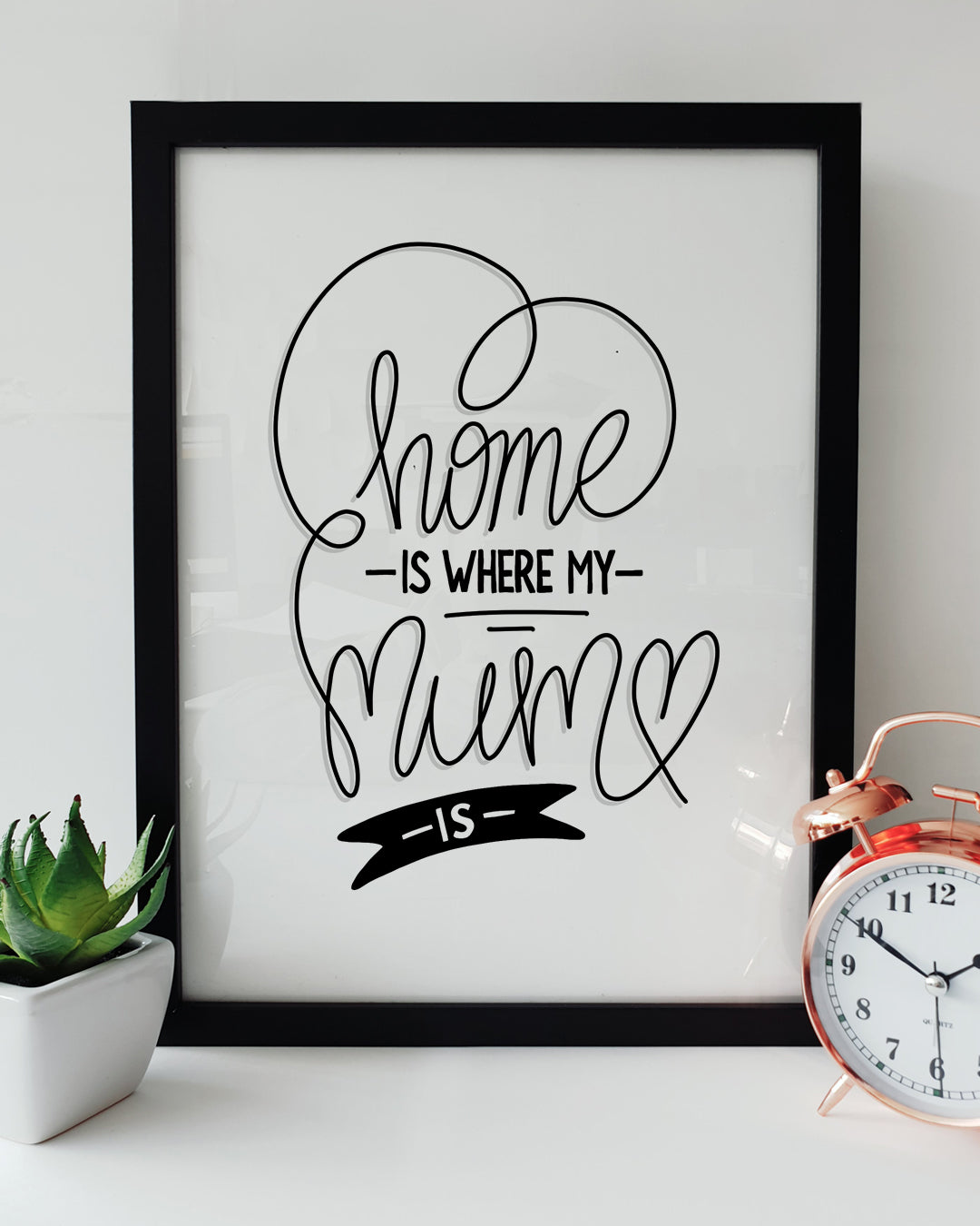 “Home is Where My Mum Is” sentimental hand-drawn print by Local Lingo, featuring elegant text on premium A4 or A3 matte paper, perfect for family gifts.