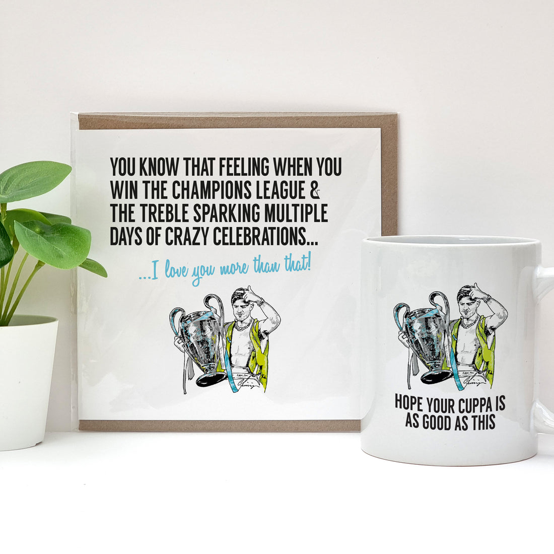 jack grealish manchster city football club themed card and mug gifts based on the celebrations after winning the treble and champions league final