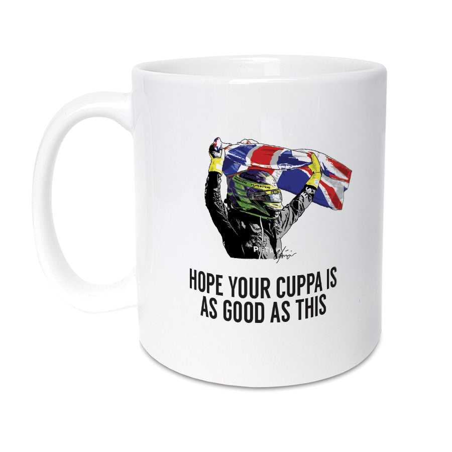 Lewis Hamilton British Grand Prix 2024 11oz Mug - Formula 1 fan gift featuring an illustration of Lewis Hamilton with the Union Jack flag, perfect for coffee, tea, and other hot beverages. Durable ceramic mug from Local Lingo.