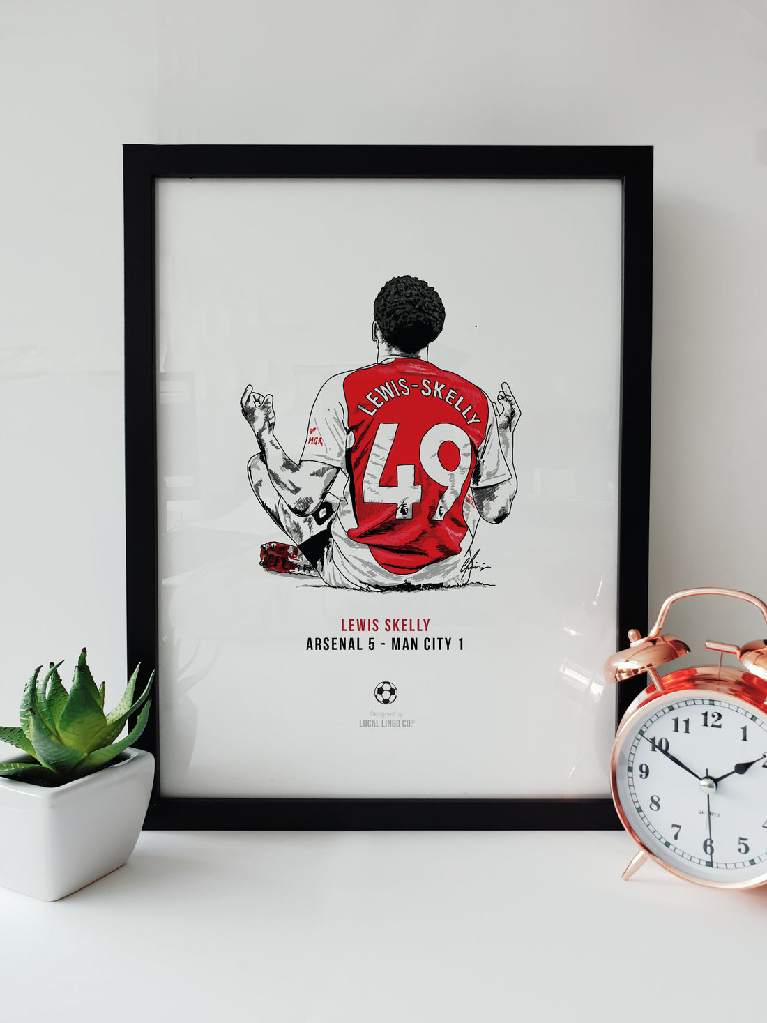 Lewis-Skelly Arsenal goal celebration print featuring a hand-drawn illustration of the footballer in his #49 kit after Arsenal's iconic 5-1 victory over Manchester City, designed by Local Lingo.

