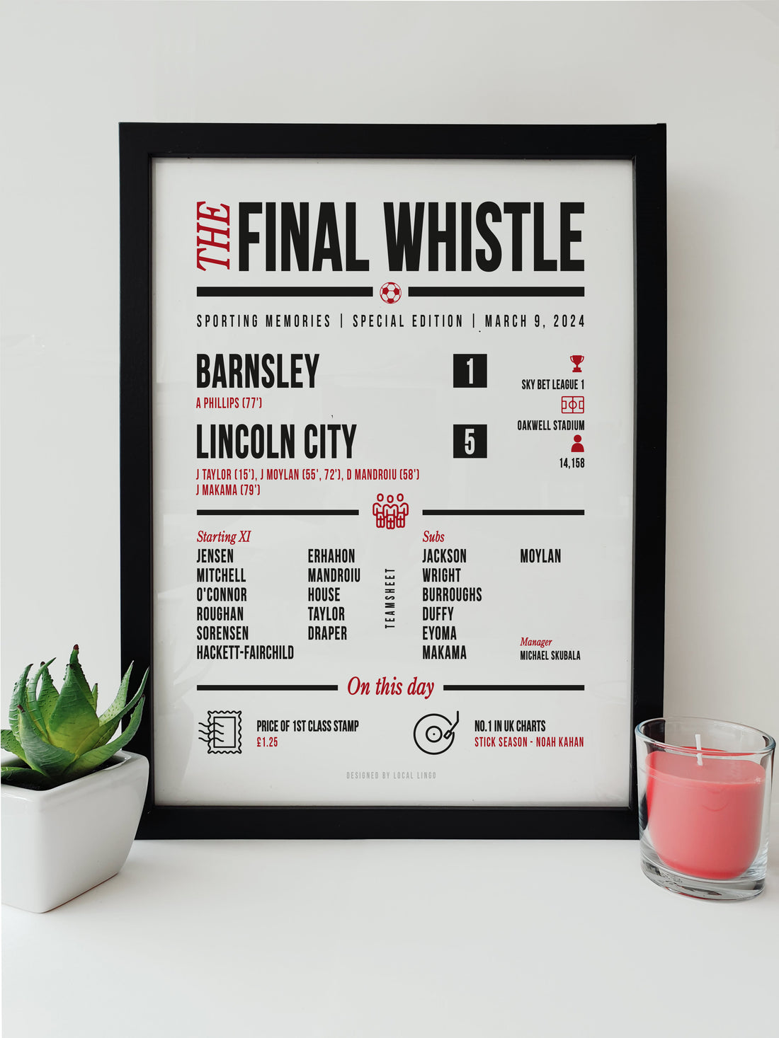 Lincoln City vs Barnsley 2024 The Final Whistle Keepsake Print by Local Lingo, featuring detailed match information in black and red text on a white background in a black frame.