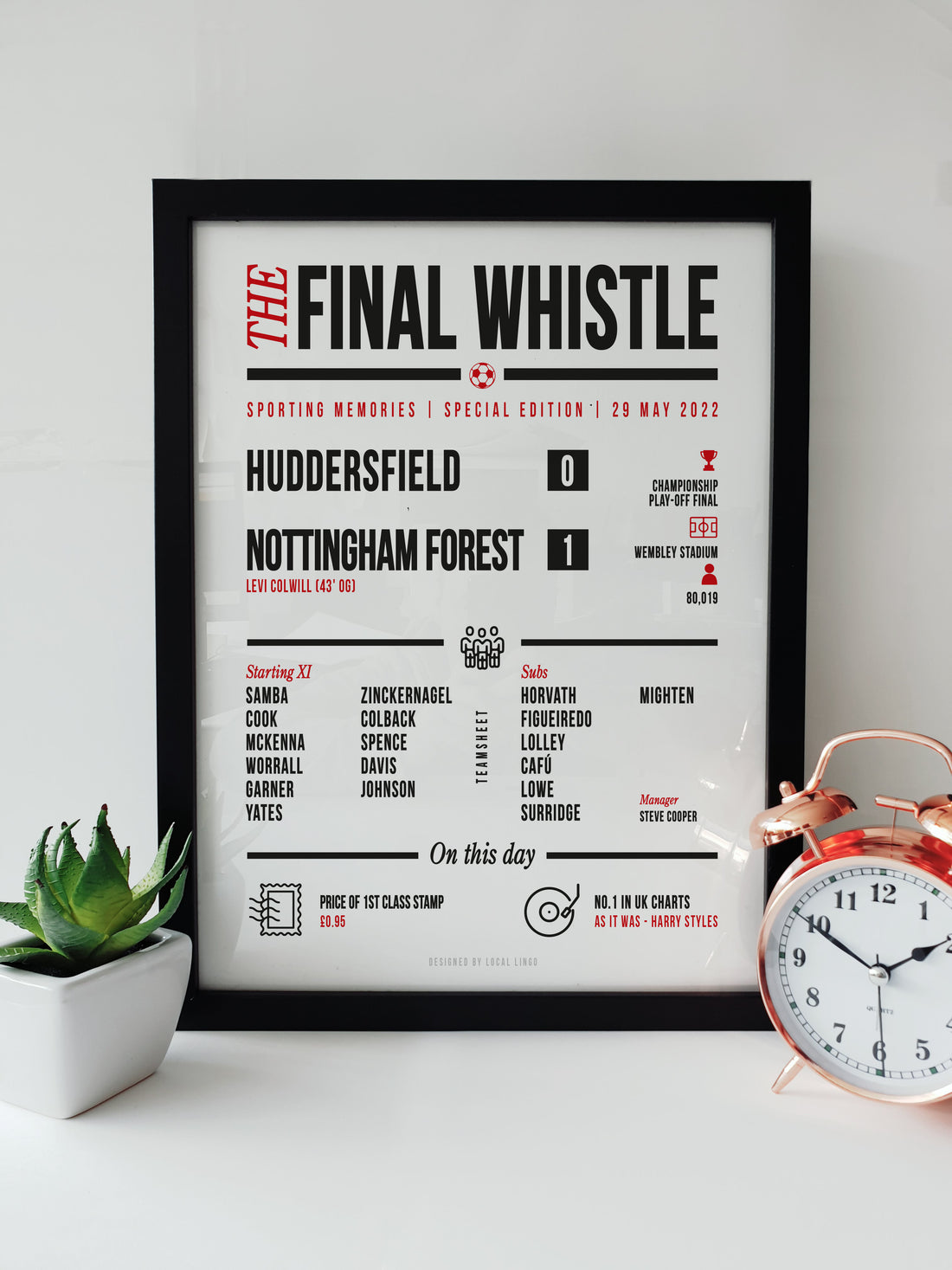 Nottingham Forest Play-Off Final 2022 hand-drawn match report print by Local Lingo. The print details Nottingham Forest's 1-0 victory over Huddersfield Town at Wembley Stadium on 29 May 2022, securing their promotion to the Premier League. The artwork includes the goal scorer Levi Colwill (OG), team lineups, attendance figures, and "On this day" facts such as the price of a 1st class stamp and the UK No.1 song ("As It Was" by Harry Styles). Displayed in a black frame.