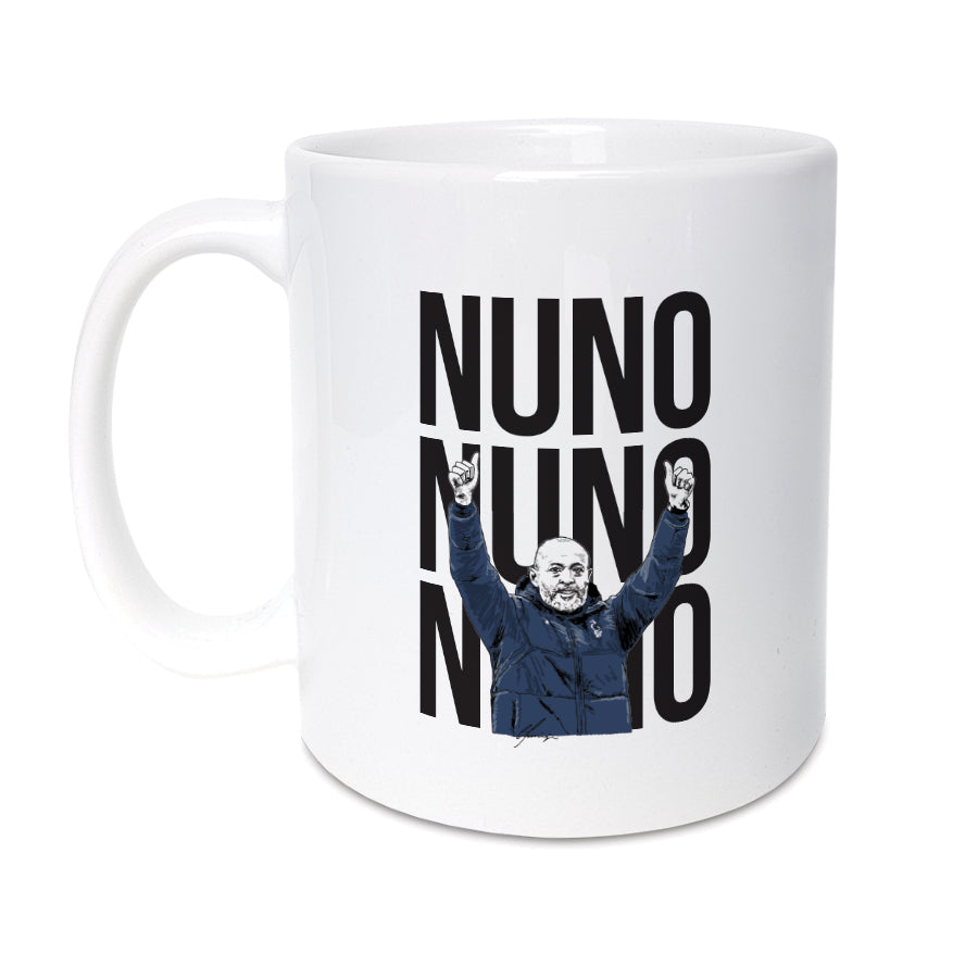 Nuno Espírito Santo Nottingham Forest Mug by Local Lingo, featuring a hand-drawn illustration of the manager celebrating with bold "Nuno, Nuno, Nuno" text on a white ceramic mug. Perfect for football fans and supporters of Nottingham Forest.