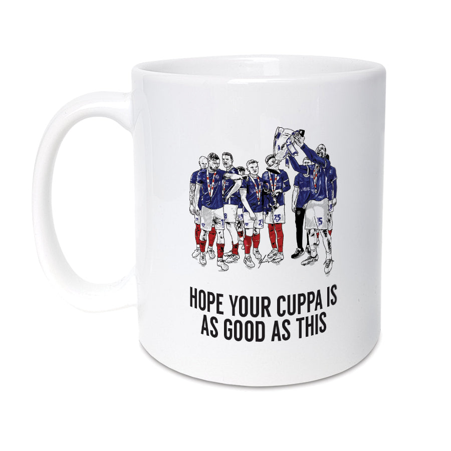 Portsmouth FC Promotion Mug featuring an illustration of the team celebrating their Championship return with the text "Hope your cuppa is as good as this." designed by local lingo