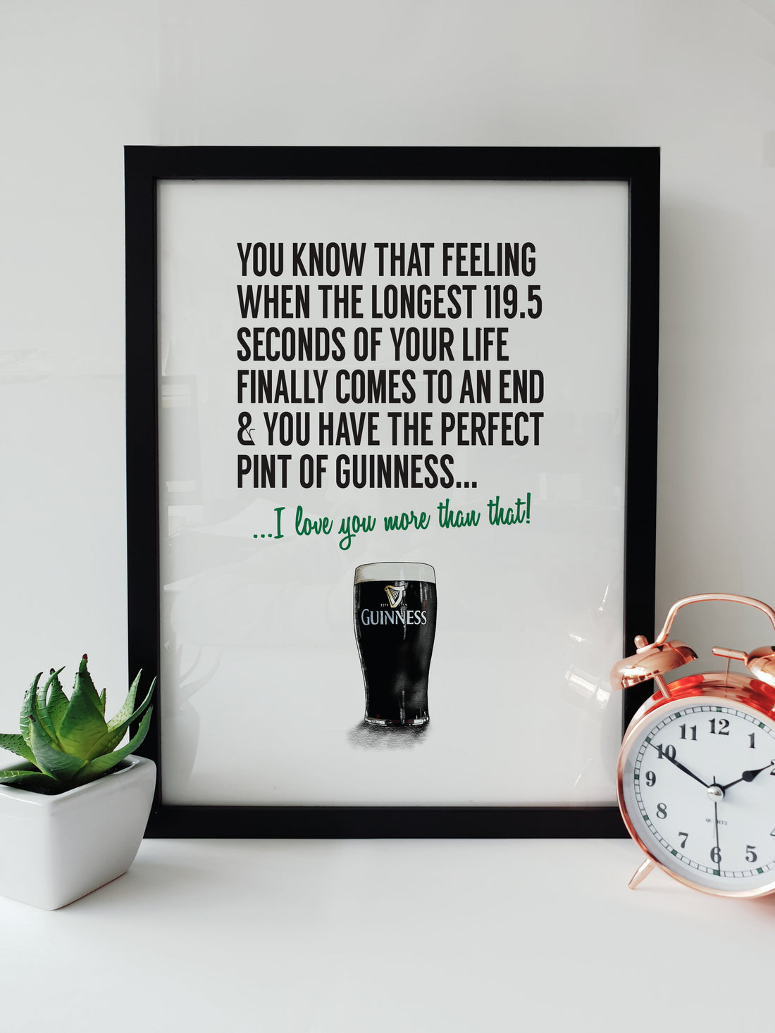 Art print featuring a hand-drawn illustration of a perfect pint of Guinness, with text celebrating the 119.5 seconds it takes to settle, ideal for enthusiasts of the iconic brew. designed by local lingo