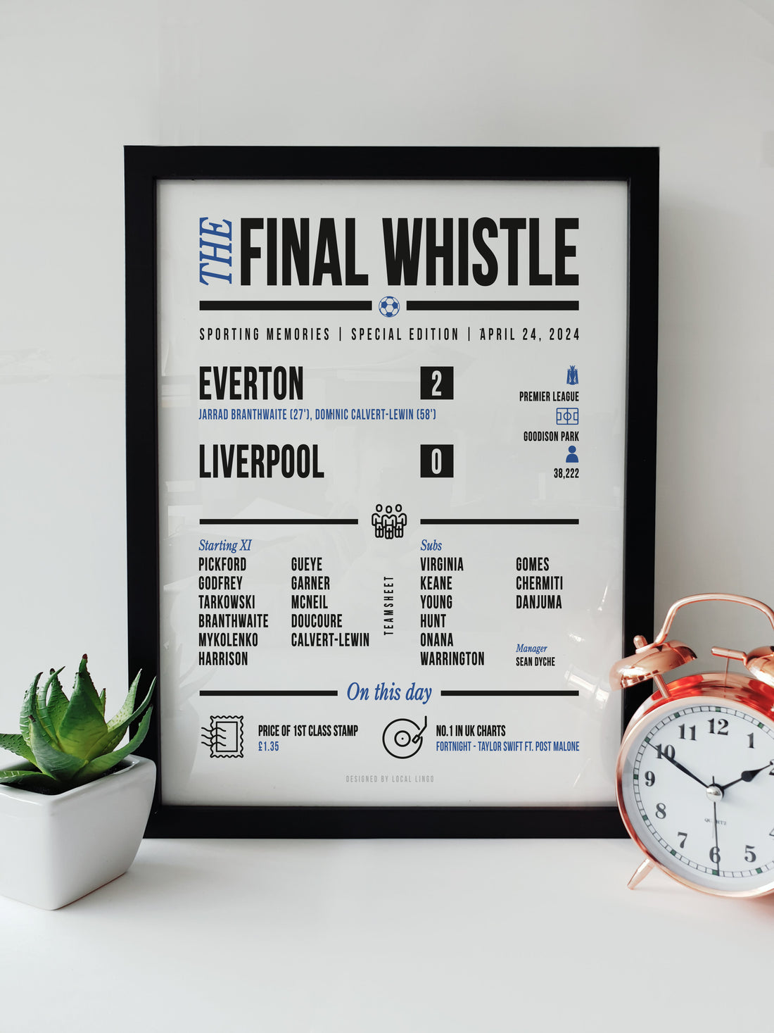 A vintage-style football print celebrating Everton's 2-0 victory over Liverpool with a mock newspaper design including lineups and match details.