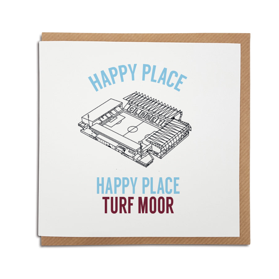 A handmade Burnley Football Club Christmas Card based on Jordan North. A unique card, perfect for any clarets supporters.  Greetings card is printed on high quality card stock.   Based on the hilarious moment where Jordan North, during a trial on I'm a Celebrity came out with the catchphrase 'Happy place, happy place, Turf Moor'  Card reads: Happy place, happy place, Turf Moor (features an illustration of the Turf Moor stadium)