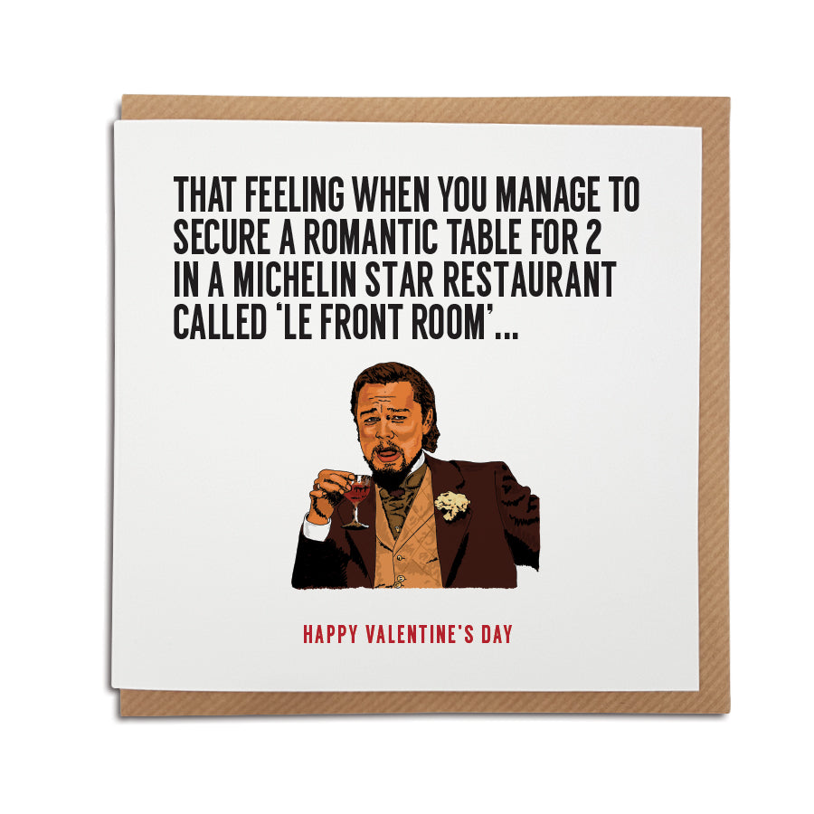 A handmade funny Valentine's Day Card, featuring illustration of Leonardo DiCaprio. Perfect card to put a smile on your partner's face during these strange times.
