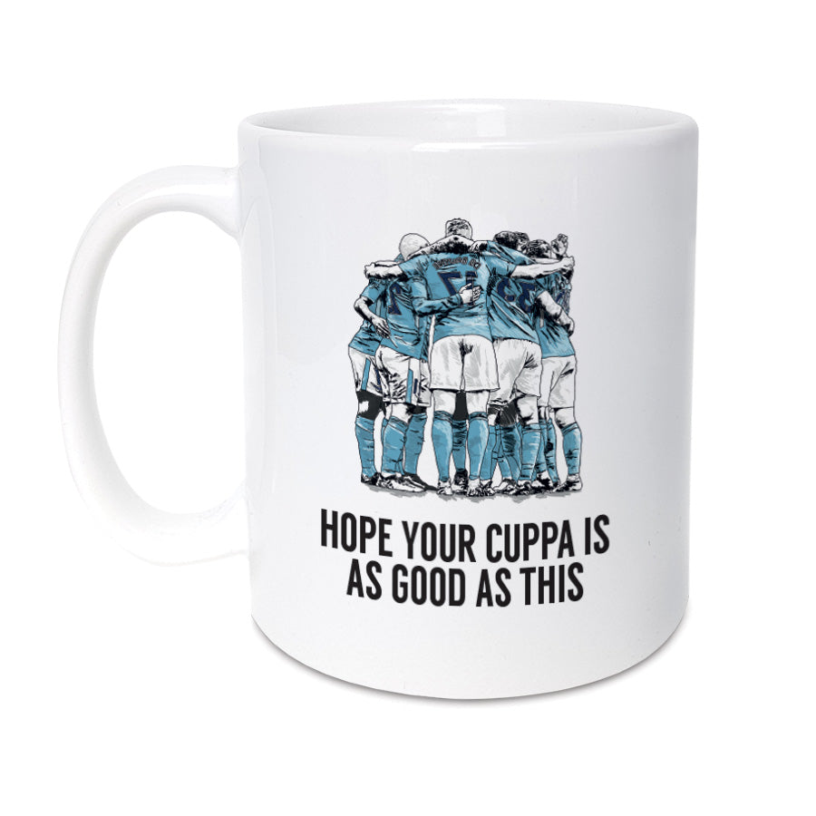 High Quality 11oz mug designed & made in the UK.   Every Citizens wants to relive amazing celebrations like this... help them do it with our card and mug.  Mug  reads: I hope your cuppa  is as good as this (featuring an illustration of the City players, including Kevin De Bruyne celebrating).