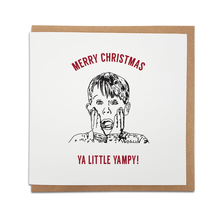 A Brummie twist on a Home Alone movie themed Christmas Card. A unique card, perfect for those fans of this iconic film from the midlands. Birmingham dialect card.