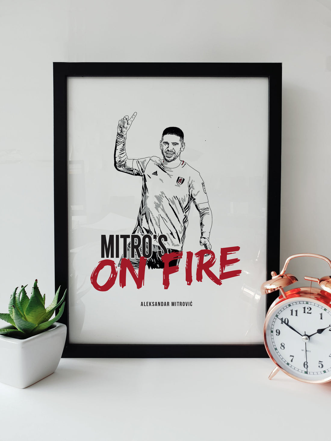 mitros on fire aleksandar mitrovic fulham football club artwork hand drawn player illustration framed picture. Craven cottage merchandise designed by a town called home 