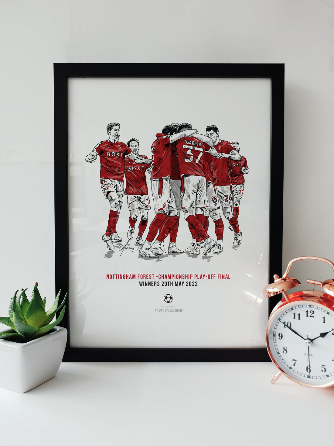 nottingham forest football club artwork & prints. hand drawn and illustrated by a town called home. Features the squad celebrating their championship play-off final victory promoting them to the premier  league