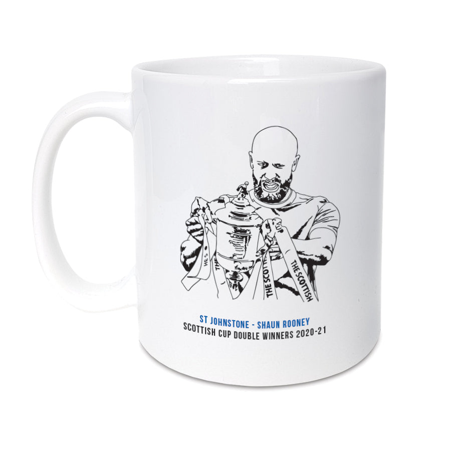 A unique mug featuring a hand drawn illustration of Shaun Rooney The perfect gift for a cSaints football fan  Mug reads:  St Johnstone - Shaun Rooney Scottish Cup Double Winners 2020-21