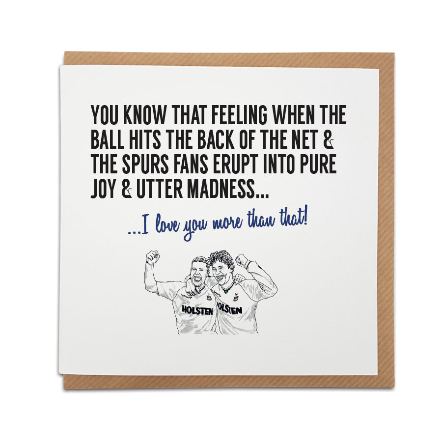 A handmade Tottenham Hotspur Football Club Greetings Card. A unique card, featuring illustration of legends Paul Gasgoigne & Gary Lineker.