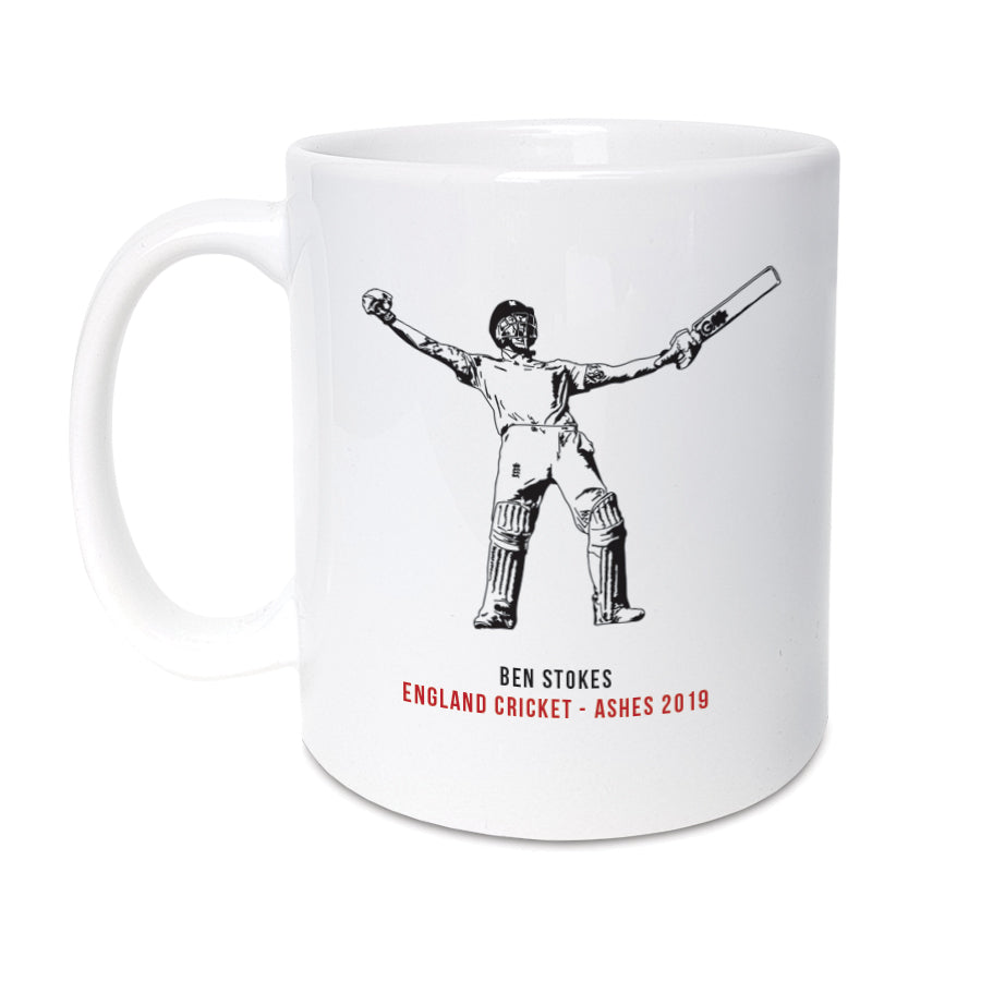 A unique mug featuring a hand drawn illustrations of Ben Stokes. The perfect gift for a cricket supporter  Mug reads:  Ben Stokes England Cricket - Ashes 2019