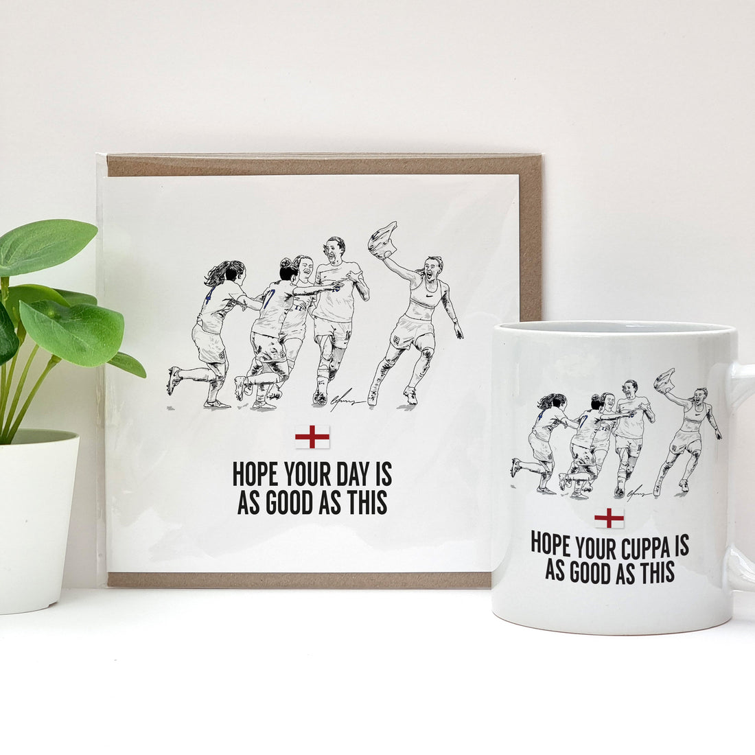 england womens football team illustration of the players celebrating, including jill scott & chloe kelly with her top off after scoring. Card & coffee mug designed by a town called home