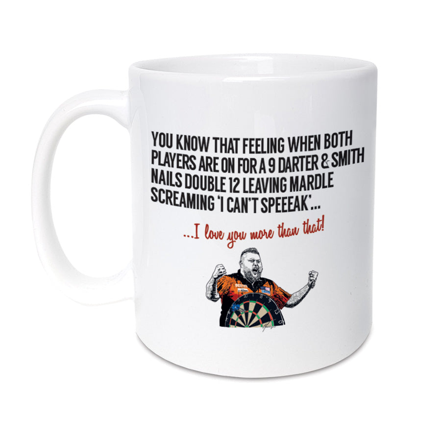 A COFFEE CUP OR TEA MUG WITH A DARTS THEME. Designed by a town called home, features an illustration of Micahel 'bully boy' smith celebrating after hitting a 9 darter and winning the world final 2023. Wayne mardle famous i can't speak commentary