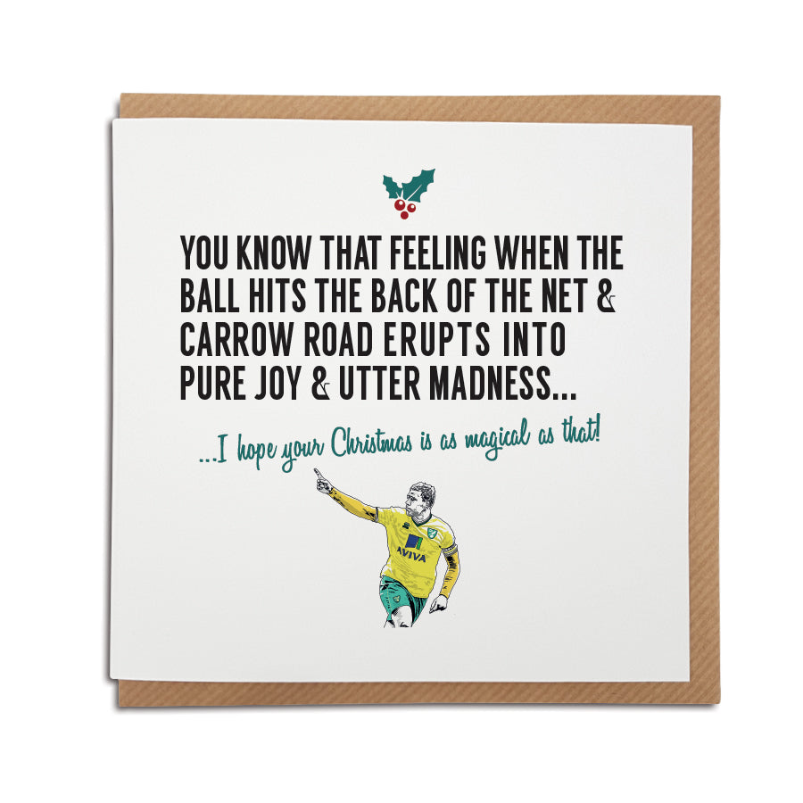 A handmade Norwich Football Club Christmas Card. A unique card, perfect for any Canaries supporters.  Greetings card is printed on high quality card stock.   Card reads: You know that feeling when the ball hits the back of the net & Carrow Road erupts into pure joy & utter madness... I hope your Christmas is as magical as that! (featuring an illustration of club legend Grant Holt).