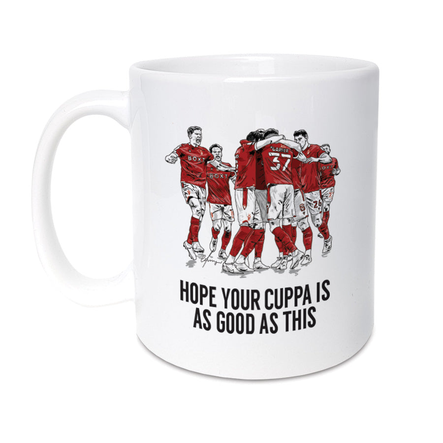nottingham forest football club coffee cup tea mug merchandise playoff final winners featuring illustration of players celebrating play-off final victory and being promoted to the premier league in 2022