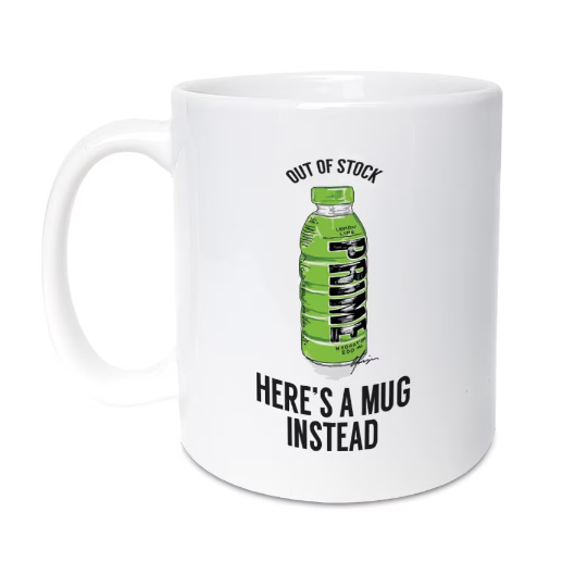 High Quality 11oz mug, inspired by the popular hydration drink, Prime, that caused a storm in the UK. Designed & made in the UK.   Mug reads: Out of stock (hand drawn image of a bottle of Prime Hydration) Here's a mug instead