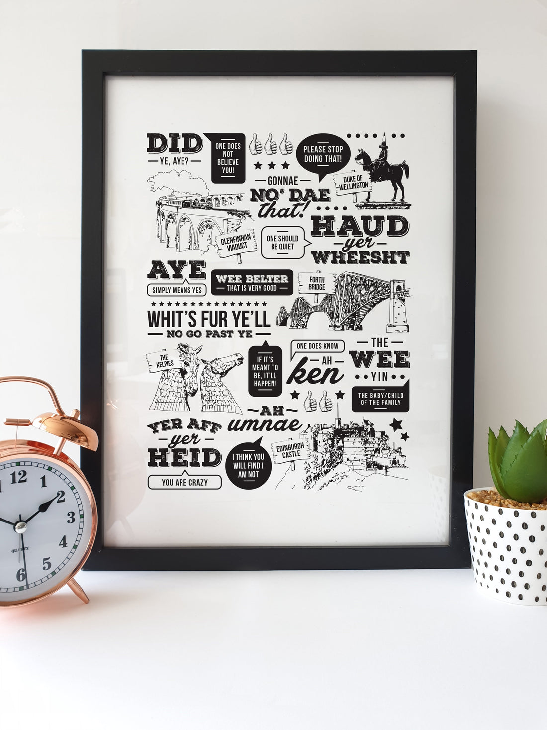 High quality hand drawn illustrated print  Scotland born and bred? Want a little reminder of 'home'? We've designed this unique print to translate some popular Scottish phrases -  Includes illustrations of popular Scottish landmarks such as Edinburgh Castle, The Duke of Wellington and the Kelpies.