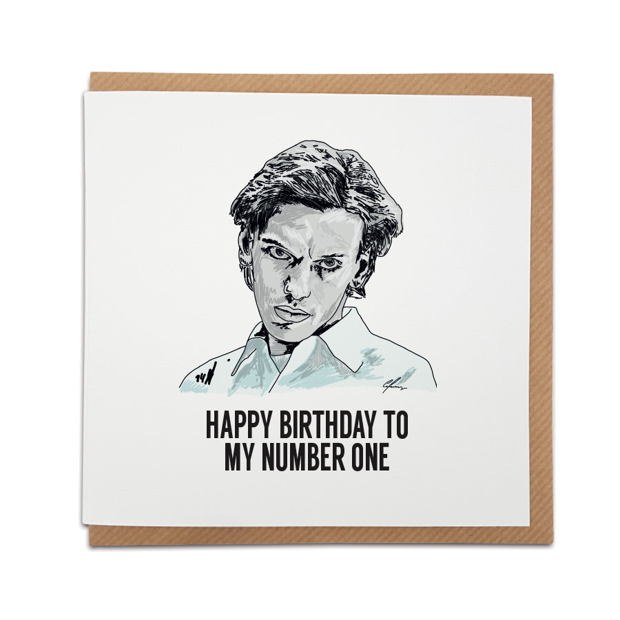 A handmade birthday card inspired by Stranger Things. Perfect card to put a smile on the face of a fan of the popular TV series.   Card reads:  Happy Birthday to my number one  (Features hand drawn illustration of One) 