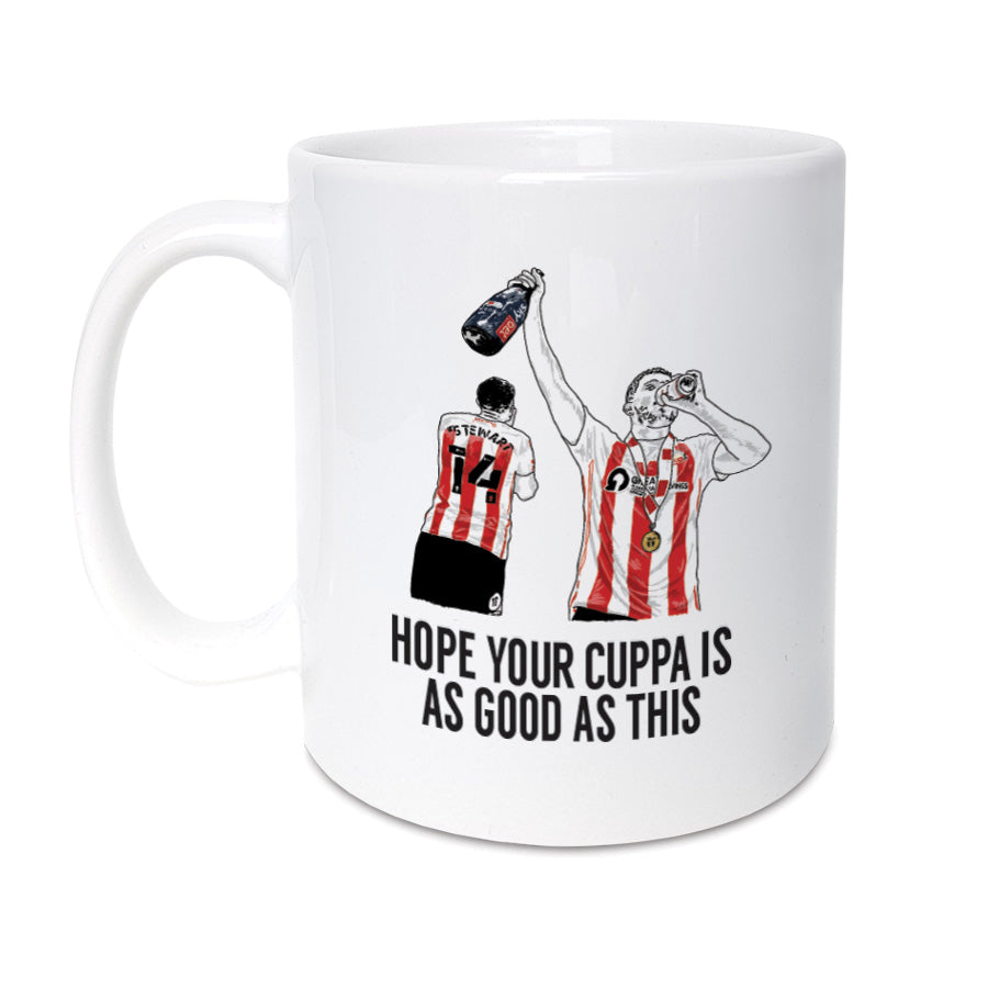 A Sunderland themed mug which will make the perfect gift for any Black Cat.  Featuring hand drawing of the memorable football celebration at the Wembley Play-Off.   Mug reads:  Hope your cuppa is as good as this